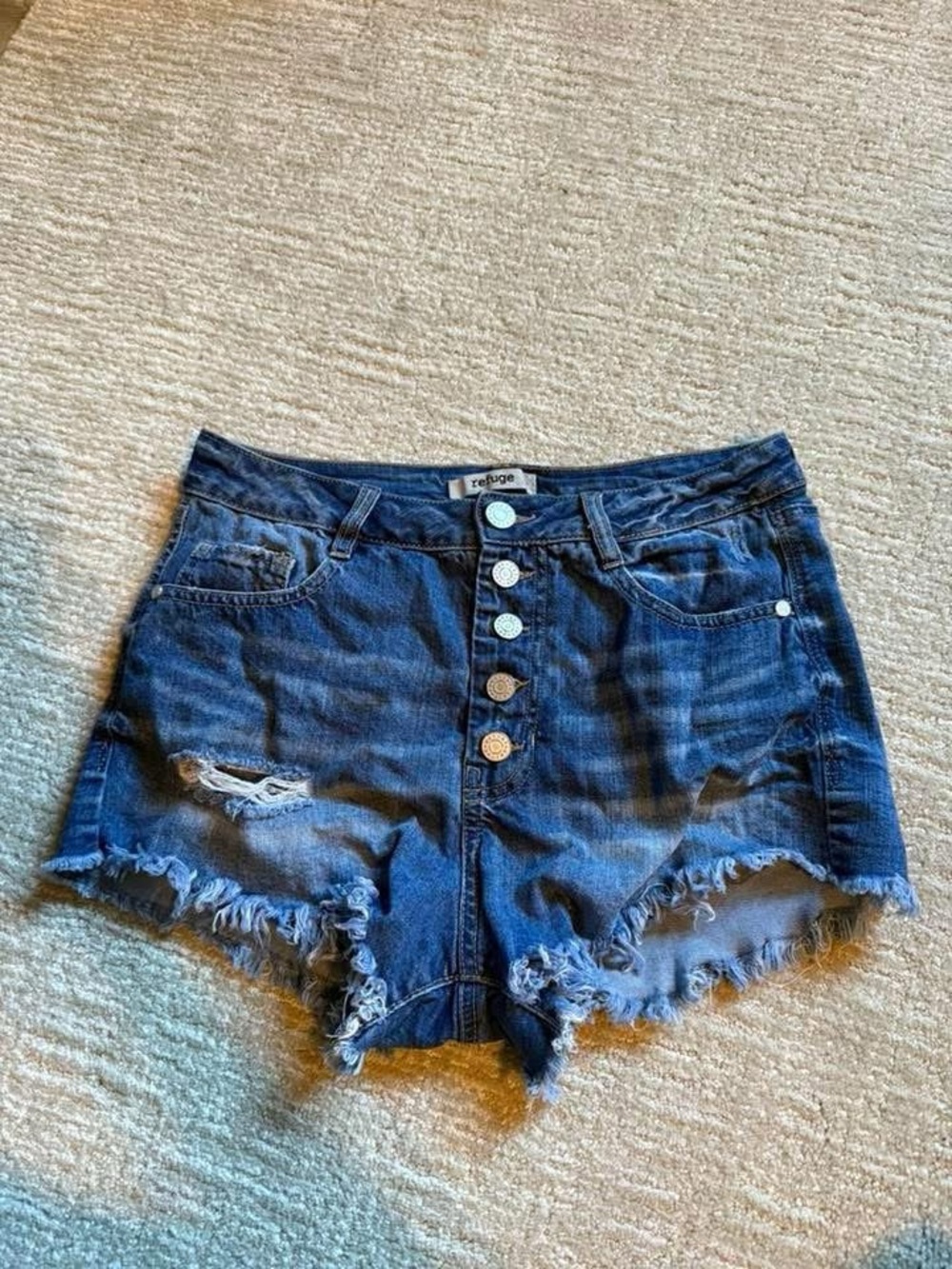 refuge Distressed High-Rise Denim Shorts in Blue